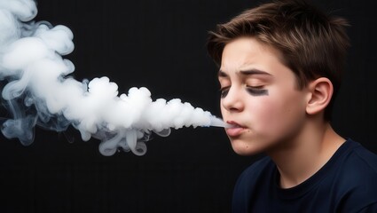 Teenager exhaling vapor clouds indoor setting portrait photography dramatic lighting