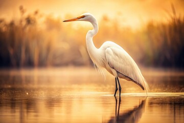 Naklejka premium Vintage Photo: Great White Heron Wading in Shallow Water - Majestic Bird in Nature