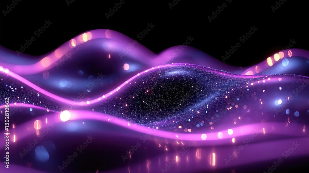Poster abstract waves of purple light with sparkling particles flowing in a dark background