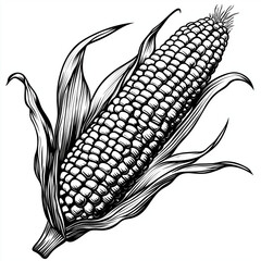 Corn, engraving and scratch board style sketch, black and white illustration