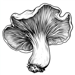 Chanterelle mushroom, engraving and scratch board style sketch, black and white illustration