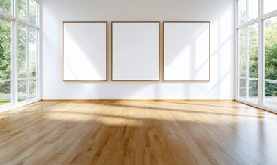 Fototapeta premium Empty room with three frames, natural light, garden view. Interior mockup