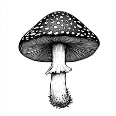 Fly agaric mushroom (Amanita muscaria), engraving and scratch board style sketch, black and white illustration