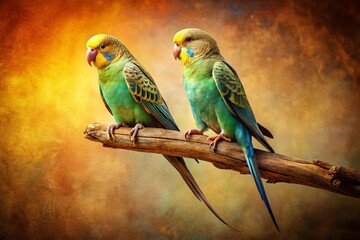 Obraz premium Vintage Photo: Two Parakeets on Branch, Isolated Background