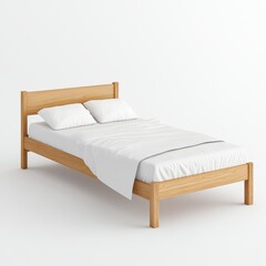 Minimalist Wooden Bed with White Pillows and Bedding on Neutral Backdrop for Interior Design