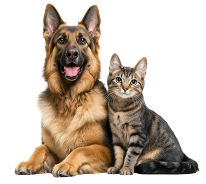 A cute German Shepherd dog and cat sitting together on transparent background