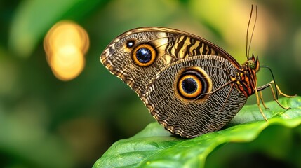 Fototapeta premium Close-Up of Owl-Eyed Butterfly Resting on Lush Green Background in Natural Habitat