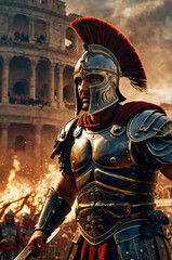 A man in a Roman costume is standing in front of a crowd of people