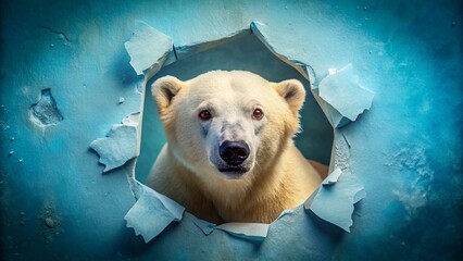 Vintage Polar Bear Breaking Through Ripped Paper, Blue Background, Boundary Concept Stock Photo