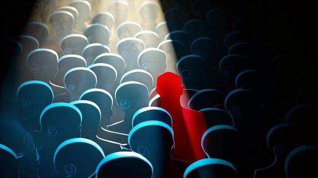  Emergent misalignment concept.A blue crowd scan representing ai code. A central red silhouette stands out, symbolizing hidden problematic code or difference  within a uniform group.