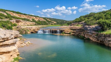 Scenic Waterfall and Blue Pool Landscape Under a Beautiful Cloudy Sky