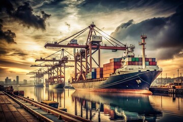 Vintage Port Strike: Idle Cargo Ship & Cranes, Empty Docks, Industrial Stillness