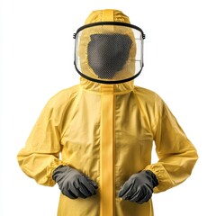 Person in a Protective Hazmat Suit with Gloves and Mesh Face Shield Against a White Background