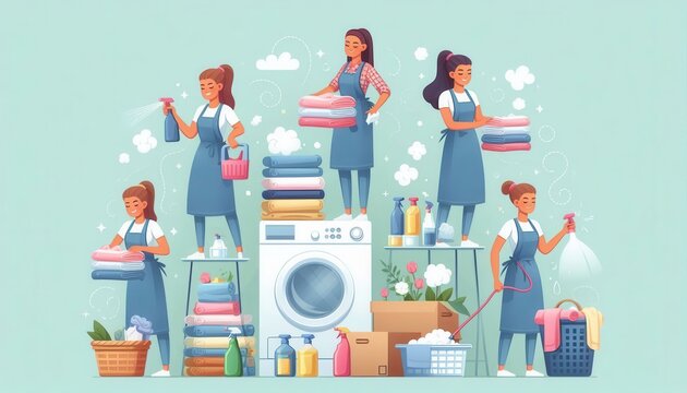 Efficient laundry cleaning process home illustration indoor eye-level domestic chores