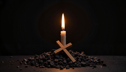 Solitary candle and wooden cross resting on ashes, spiritual reflection