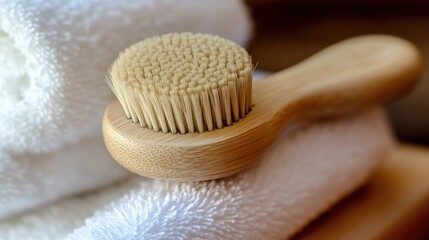 A facial brush with fine bristles resting on a stack of spa towels.