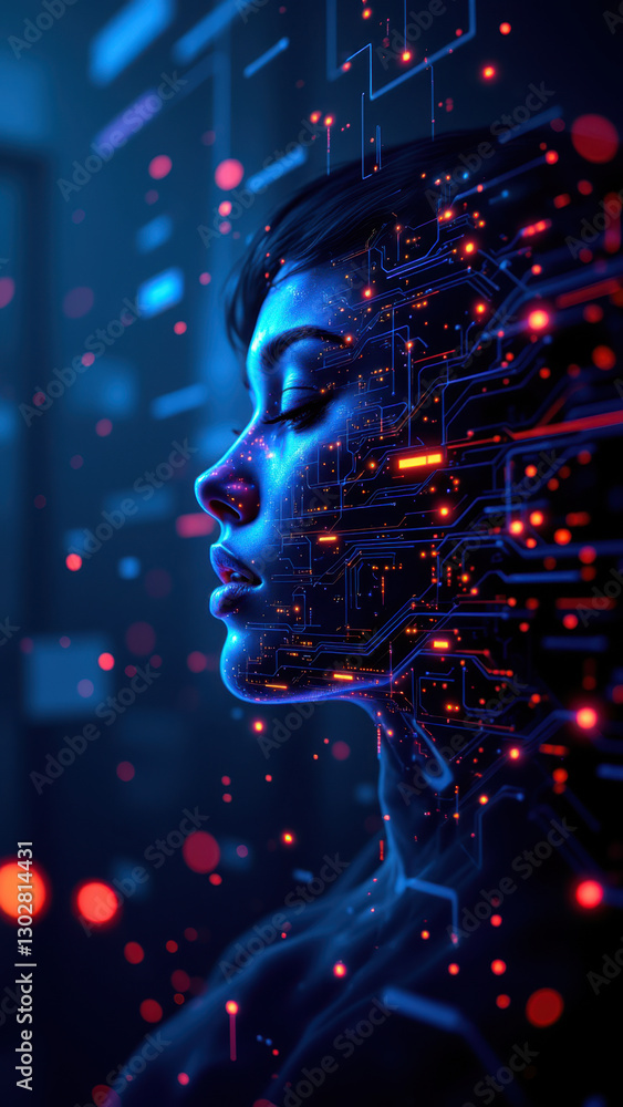 Poster a futuristic illustration of a human-like face merged with digital technology, representing ci/cd pi