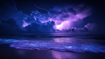 Bioluminescent waves and lightning storm over the ocean at night