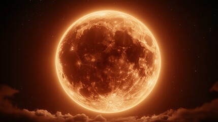 Obraz premium Lunar eclipse shadow cosmic moon. A glowing orange moon surrounded by clouds against a dark sky, creating a dramatic and celestial atmosphere.