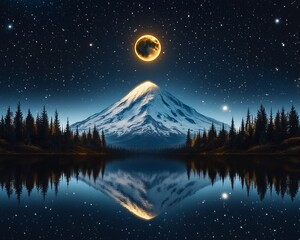 Lunar eclipse shadow cosmic moon. A serene mountain landscape under a starry sky, featuring a glowing eclipse above a reflective lake surrounded by lush evergreen trees.