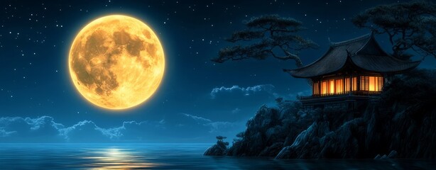 Lunar eclipse shadow cosmic moon. A serene landscape featuring a glowing moon above a tranquil water scene, with a traditional building nestled on a rocky shore.
