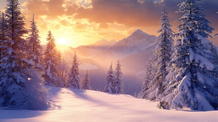 Fototapeta premium Winter Mountain Landscape with Snow Covered Trees and Golden Sunrise
