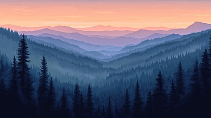 Obraz premium Epic Sunset Panorama: Vibrant Mountain Range & Serene Forest Landscape