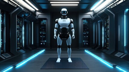 A sleek, futuristic robot with a round head and large,