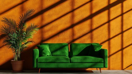 Cozy room featuring a stylish green couch complemented by warm lighting and modern decor elements