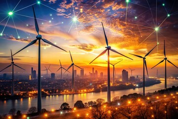 Vintage Sunset Cityscape: Wind Turbines Powering Smart City at Dusk