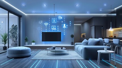 Modern Futuristic Smart Living Room with Digital Interface