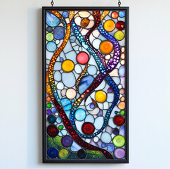 A stained colored glass panel with flowing circle into her.  three-dimensional and stand out from the painting. Hanging on the white wall.