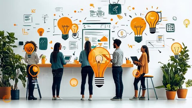 Illumination of Ideas: A collaborative team of creative minds surrounded by vibrant lightbulbs, visualizing the sparks of innovation and brainstorming of new business strategies