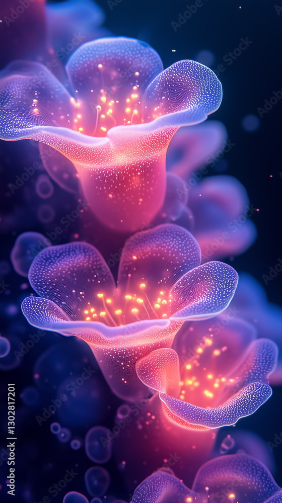 Poster vibrant coral-like structures emerge from a surreal underwater landscape, glowing with luminous patt
