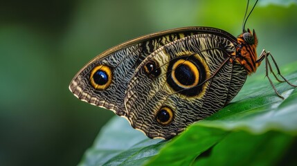 Close-Up of Owl-Eye Butterfly Resting on Green Background in Natural Habitat