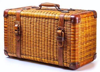 Vintage Wicker Travel Suitcase, Isolated on White Background - Panoramic Stock Photo