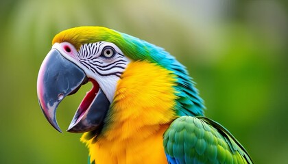 Obraz premium A vibrant and colorful macaw parrot with striking blue, yellow, and green feathers, displaying its impressive beak in a lively pose.