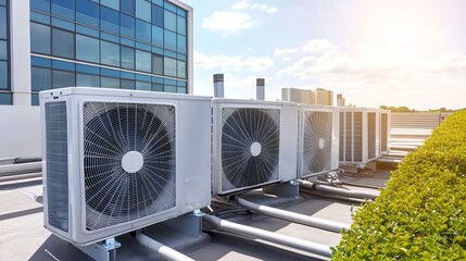 The outdoor units of a commercial air conditioning and ventilation system installed on an industrial building's rooftop