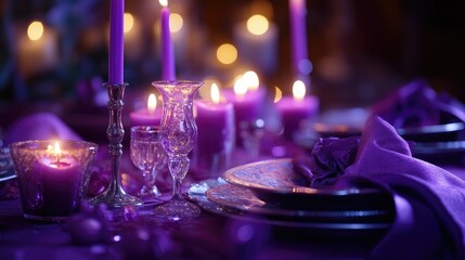 A beautifully set dining table adorned with a purple tablecloth.