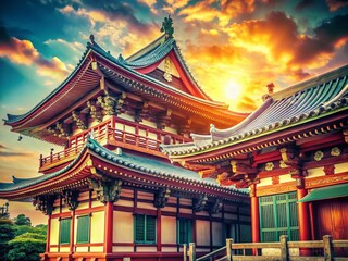 Fototapeta premium Vintage Yokohama Temple Architecture: Vibrant Colors & Intricate Details