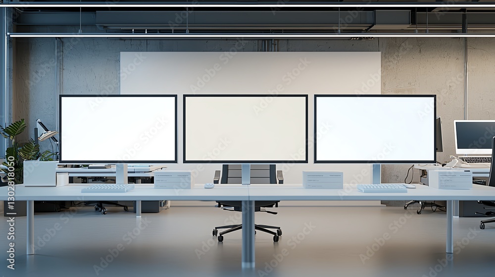 Aufkleber modern workspace with three computer monitors on a sleek desk in a contemporary office setting.