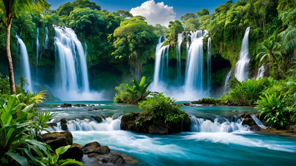 Tropical Paradise Waterfalls Surrounded by Lush Greenery