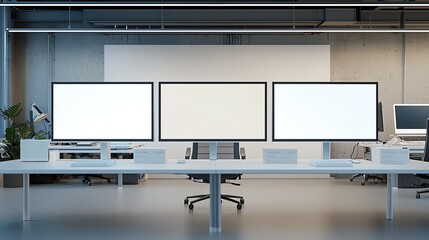 Modern workspace with three computer monitors on a sleek desk in a contemporary office setting.