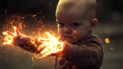 A baby with electric power becomes a hero of angry expression in the dark, thunder and lightning around him merge into his body showing fantasy imagination support for child's anti-body