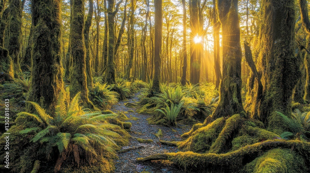 Poster sunlight streaming through mossy forest with ferns and winding path