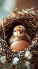 Chick Resting with Egg in Nest by Window
