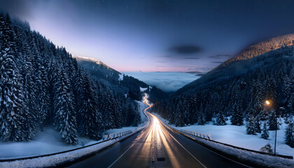 8K, super highest quality images, Skyway in the middle of the night, mountain peak valley