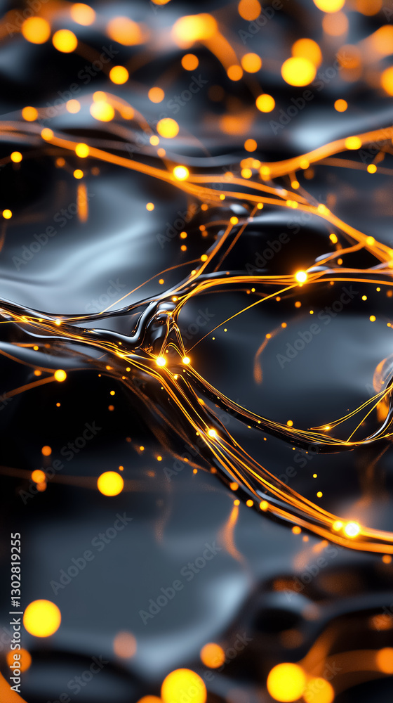 Poster curving structures intertwine with luminous orbs, reflecting an enchanting dance of light on a dark 