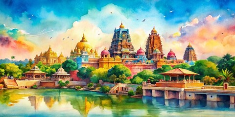 Watercolor Panorama: Tamil Nadu's Historic Landmarks – Celebrating Tamil Nadu Day