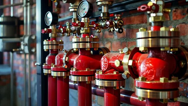 Close-up of red fire suppression pipes with brass fittings and pressure gauges, mounted in a facility's industrial setting.